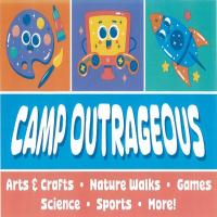 Camp Outrageous visual with image of arts and crafts, computer and a rocket ship