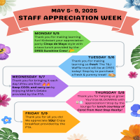This is a flyer for the different Teacher Appreciation Week events sponsored by the PTA. On Monday, we will Kick off with Cinco de Mayo taco lunch provided by the Sunshine Committee. On Tuesday, T&J Waffle Truck will drop by. On Wednesday, Mike's Gelato will offer a free treat, sponsored by the PTA. On Thursday, Carol from Next Step Realty will provide a blooming lunch. On Friday, PTA will host a breakfast for all staff members!